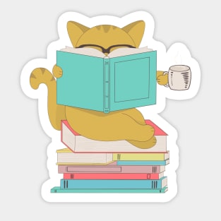 Cat with glasses drinking coffee or tea and reading book Sticker